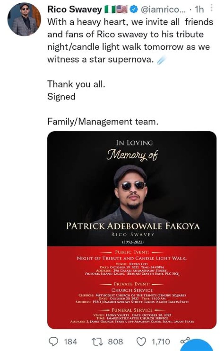 
Rico Swavey Burial: Family Announces Funeral Date 